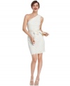 Betsy & Adam dress up a chic one-shoulder silhouette with a lovely lace overlay and a self-tie ribbon belt. A beautiful dress for a bridal shower or rehearsal dinner!