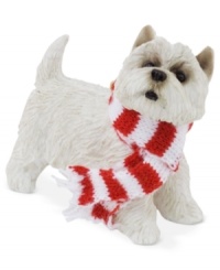 A fetching gift for animal lovers, the Westie Christmas ornament depicts the friendly white pup waiting patiently for treats and dressed in a holiday scarf. From Sandicast. A fetching gift for animal lovers, the Westie Christmas ornament depicts the friendly white pup waiting patiently for treats and dressed in a holiday scarf. From Sandicast.