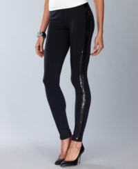 Who knew casual could be so glam? Sequins take the place of traditional tuxedo stripes on INC's leggings. Who knew casual could be so glam? Sequins take the place of traditional tuxedo stripes on INC's leggings.