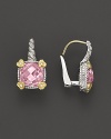 Faceted pink corundum gleams in sterling silver settings, accented by golden hearts.