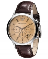Timeless designs stay in fashion for a reason: this chronograph watch from Emporio Armani boasts rich leather and structured precision. Timeless designs stay in fashion for a reason: this chronograph watch from Emporio Armani boasts rich leather and structured precision.