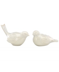 Add more personality to already irresistible French Perle dinnerware with figural bird salt and pepper shakers from Lenox. Delicate beading enhances hard-wearing stoneware with a soft white glaze and antique feel. Add more personality to already irresistible French Perle dinnerware with figural bird salt and pepper shakers from Lenox. Delicate beading enhances hard-wearing stoneware with a soft white glaze and antique feel.