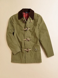 Toggle buttons and a corduroy-lined collar add handsome touches to an outdoorsy jacket crafted from durable canvas.Pointed collarLong sleevesFull-zip front concealed by toggle-button closureSnap-patch pocketsSnaps at hem for ventsCottonMachine washImported Please note: Number of buttons may vary depending on size ordered. Toggle buttons and a corduroy-lined collar add handsome touches to an outdoorsy jacket crafted from durable canvas.Pointed collarLong sleevesFull-zip front concealed by toggle-button closureSnap-patch pocketsSnaps at hem for ventsCottonMachine washImported Please note: Number of buttons may vary depending on size ordered.