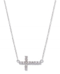 Symbolic sparkle with a taste of modernity. This pretty sideways cross pendant features round-cut diamonds (1/8 ct. t.w.) and a 14k white gold setting and chain. Approximate length: 17 inches. Approximate drop: 1/2 inch. Symbolic sparkle with a taste of modernity. This pretty sideways cross pendant features round-cut diamonds (1/8 ct. t.w.) and a 14k white gold setting and chain. Approximate length: 17 inches. Approximate drop: 1/2 inch.