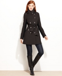 Calvin Klein puts a modern spin on a classic piece -- faux double-breasted buttons conceal a hidden zipper underneath, while the hood can be removed or attached depending on your needs. Calvin Klein puts a modern spin on a classic piece -- faux double-breasted buttons conceal a hidden zipper underneath, while the hood can be removed or attached depending on your needs.