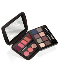 The ultimate holiday accessory in one super-luxe, two-level palette. Laura's exclusive palette of hand-selected shades gives you glamorous options for eyes, cheeks and lips. This two-level palette holds eight Eye Colors, five Lip Glazes and four Sheer Crème Cheek Colors, along with expert tools for infinite color combinations that take you from day to night. The top palette contains eight Eye Colors in a range of finishes from matte to high pearl, three brushes and a full-size mirror. A quick twist of the innovative palette opens to reveal bottom layer Cheek Colors and Lip Glazes, plus a deluxe Lip Brush for flawless application. It's your complete color wardrobe in one travel-friendly palette. Wardrobe includes: • Eight Eye Colors (clockwise from top left corner)o Buttercream – Matteo Peridot – Luster, Limited Editiono Heather Plum – Luster, Limited Editiono Midnight Navy – Sateen, Limited Editiono Sable – Sateeno Sandstone – Sateeno Cherrywood – Luster, Limited Editiono Coffee Ground – Matte• Five Lip Glazes (from left to right)o Chambordo Sugarplumo Papayao Dolceo Brush• Four Sheer Crème Cheek Colors (from left to right)o Rose Glowo Pink Veilo Golden Glowo Bronze Veil• Four Brusheso Travel Pony Tail Brush (for eyes)o Double-Ended Crease/Smudge Brush (for eyes)o Travel Lip Color Brush The ultimate holiday accessory in one super-luxe, two-level palette. Laura's exclusive palette of hand-selected shades gives you glamorous options for eyes, cheeks and lips. This two-level palette holds eight Eye Colors, five Lip Glazes and four Sheer Crème Cheek Colors, along with expert tools for infinite color combinations that take you from day to night. The top palette contains eight Eye Colors in a range of finishes from matte to high pearl, three brushes and a full-size mirror. A quick twist of the innovative palette opens to reveal bottom layer Cheek Colors and Lip Glazes, plus a deluxe Lip Brush for flawless application. It's your complete color wardrobe in one travel-friendly palette. Wardrobe includes: • Eight Eye Colors (clockwise from top left corner)o Buttercream – Matteo Peridot – Luster, Limited Editiono Heather Plum – Luster, Limited Editiono Midnight Navy – Sateen, Limited Editiono Sable – Sateeno Sandstone – Sateeno Cherrywood – Luster, Limited Editiono Coffee Ground – Matte• Five Lip Glazes (from left to right)o Chambordo Sugarplumo Papayao Dolceo Brush• Four Sheer Crème Cheek Colors (from left to right)o Rose Glowo Pink Veilo Golden Glowo Bronze Veil• Four Brusheso Travel Pony Tail Brush (for eyes)o Double-Ended Crease/Smudge Brush (for eyes)o Travel Lip Color Brush
