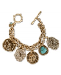 Charm your friends with this fun toggle bracelet from Lucky Brand. Crafted in gold tone mixed metal, this double-chain bracelet features a variety of charms and semi-precious, reconstituted turquoise stones with a trendy toggle clasp. Approximate length: 7-2/3 inches. Charm your friends with this fun toggle bracelet from Lucky Brand. Crafted in gold tone mixed metal, this double-chain bracelet features a variety of charms and semi-precious, reconstituted turquoise stones with a trendy toggle clasp. Approximate length: 7-2/3 inches.
