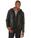 With a sleek faux-leather design and a removable hood, this Perry Ellis jacket is stylish and versatile.