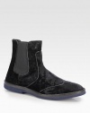 Colorblock chelsea boot rendered in velvet brocade with contrasting sole for a soft, yet detailed finish.Velvet upperLeather liningPadded insoleRubber/plastic soleImported