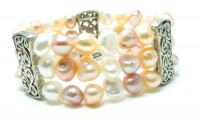 8 Inch 7MM-9MM Multicolor Pink, White, & Lavendar Baroque Pearl Stretch Bracelet, Antiqued Metal Accents (Adjustable Length)