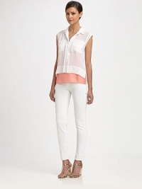 The look of layered chic in cropped chiffon over a vibrant satin cami.Point collarSleevelessConcealed button-down placketChest pocketsSlightly gathered backHem longer in backAttached camisoleAbout 24 from shoulder to hem77% triacetate/23% polyesterDry cleanImportedModel shown is 5'9½ (176cm) wearing US size 4. The look of layered chic in cropped chiffon over a vibrant satin cami.Point collarSleevelessConcealed button-down placketChest pocketsSlightly gathered backHem longer in backAttached camisoleAbout 24 from shoulder to hem77% triacetate/23% polyesterDry cleanImportedModel shown is 5'9½ (176cm) wearing US size 4.