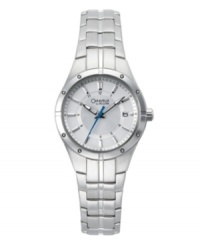 This sleek sport watch by Caravelle by Bulova dresses both up and down effortlessly. Stainless steel bracelet and round case with lugs at bezel. Silver tone dial features applied silver tone stick indices, small numerals at inner ring, minute track, date window at three o'clock, luminous hour and minute hands, blue second hand, and logo. Quartz movement. Water resistant to 30 meters. Two-year limited warranty. This sleek sport watch by Caravelle by Bulova dresses both up and down effortlessly. Stainless steel bracelet and round case with lugs at bezel. Silver tone dial features applied silver tone stick indices, small numerals at inner ring, minute track, date window at three o'clock, luminous hour and minute hands, blue second hand, and logo. Quartz movement. Water resistant to 30 meters. Two-year limited warranty.