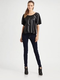 Downtown-cool tee in a gleaming leatherette silhouette with oversized short sleeves and a soft knit back. RoundneckOversized short sleevesKnit back panelBody: Polyurethane/viscoseTrim: 95% rayon/5% spandexHand washImportedModel shown is 5'9 (176cm) wearing US size Small. Downtown-cool tee in a gleaming leatherette silhouette with oversized short sleeves and a soft knit back. RoundneckOversized short sleevesKnit back panelBody: Polyurethane/viscoseTrim: 95% rayon/5% spandexHand washImportedModel shown is 5'9 (176cm) wearing US size Small.