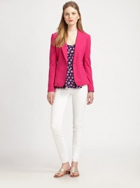 Let there be bright this season. This brilliant blazer will add a pop of color to any wardrobe.Notched collarSingle button closurePrincess seamsWelt pocketsBack ventFully linedAbout 23 from shoulder to hem71% polyester/27% rayon/2% spandexDry cleanImported Model shown is 5'10(177cm) wearing US size Small. Let there be bright this season. This brilliant blazer will add a pop of color to any wardrobe.Notched collarSingle button closurePrincess seamsWelt pocketsBack ventFully linedAbout 23 from shoulder to hem71% polyester/27% rayon/2% spandexDry cleanImported Model shown is 5'10(177cm) wearing US size Small.