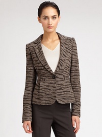Elongated lapels and subtle pleats shape this chic animal-patterned jacket.Notched lapelsLong sleevesButton closureWelt pockets with pleatsBack ventFully linedAbout 21 from shoulder to hem73% wool/17% polyamide/10% silkDry cleanMade in Italy of imported fabricModel shown is 5'11 (180cm) wearing US size 4. Elongated lapels and subtle pleats shape this chic animal-patterned jacket.Notched lapelsLong sleevesButton closureWelt pockets with pleatsBack ventFully linedAbout 21 from shoulder to hem73% wool/17% polyamide/10% silkDry cleanMade in Italy of imported fabricModel shown is 5'11 (180cm) wearing US size 4.