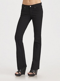 Stretch denim in a solid black wash is slim through the leg with a chic, bootcut opening.Narrow waistband with belt loops and button closure Front zipperSide pocketsBack patch pocketsInseam, about 2998% cotton/2% Lycra Machine wash Made in USA Stretch denim in a solid black wash is slim through the leg with a chic, bootcut opening.Narrow waistband with belt loops and button closure Front zipperSide pocketsBack patch pocketsInseam, about 2998% cotton/2% Lycra Machine wash Made in USA