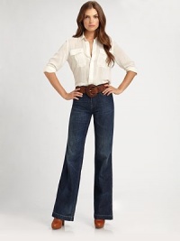 A flattering high-rise waist meets a feminine flared silhouette creating a denim design with time-worn sophistication.Button closureZip flyBelt loopsHigh-rise waistLogo patch at back of waistBack waist dartsInseam, about 3698% cotton/2% elastaneMachine washImported Model shown is 5'9½ (176cm) wearing US size 4. A flattering high-rise waist meets a feminine flared silhouette creating a denim design with time-worn sophistication.Button closureZip flyBelt loopsHigh-rise waistLogo patch at back of waistBack waist dartsInseam, about 3698% cotton/2% elastaneMachine washImported Model shown is 5'9½ (176cm) wearing US size 4.