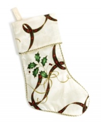 Beautiful from heel to toe, the Holiday Nouveau Christmas stocking is a gift in itself. A classic holly and ribbon motif is trimmed in glittery gold and full of holiday grace. Beautiful from heel to toe, the Holiday Nouveau Christmas stocking is a gift in itself. A classic holly and ribbon motif is trimmed in glittery gold and full of holiday grace.