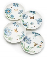 Now in bloom. Butterfly Meadow Blue dessert plates from Lenox feature the sturdy, scalloped porcelain of original Butterfly Meadow dinnerware but with oversized hydrangeas and other new blossoms in shades of blue. With four unique patterns. Now in bloom. Butterfly Meadow Blue dessert plates from Lenox feature the sturdy, scalloped porcelain of original Butterfly Meadow dinnerware but with oversized hydrangeas and other new blossoms in shades of blue. With four unique patterns.