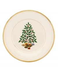 Trim your holiday dinnerware and dishes collection with this festive accent plate. A band of radiant gold and a few presents below its tree make the beloved Christmas pattern shine brighter than ever. Trim your holiday dinnerware and dishes collection with this festive accent plate. A band of radiant gold and a few presents below its tree make the beloved Christmas pattern shine brighter than ever.