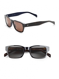 Retro inspiration for the contemporary man, designed with square frames in lightweight plastic. Available in oak/midnight blue frames with brown lenses or onyx/dark mahogany frames with indigo photo lenses. 100% UV protective Imported 