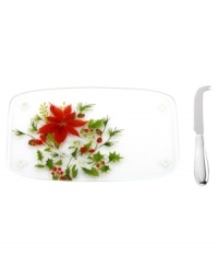 A season of entertaining and celebration will flourish with the Winter Meadow tray from Lenox's collection of serveware and serving dishes. Red poinsettias and crisp holly bloom on clear glass designed to complement the porcelain dinnerware collection. With cheese knife.