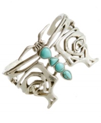 Let pretty wings wrap around your wrists. Lucky Brand's whimsical cuff bracelet features a delicate open work butterfly accented by semi-precious reconstituted calcite turquoise. Set in silver tone mixed metal. Approximate diameter: 3 inches. Let pretty wings wrap around your wrists. Lucky Brand's whimsical cuff bracelet features a delicate open work butterfly accented by semi-precious reconstituted calcite turquoise. Set in silver tone mixed metal. Approximate diameter: 3 inches.