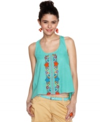 Featuring floral embroidery and a trend-right asymmetrical hem, this top from American Rag will make you the cutest flower child around! Featuring floral embroidery and a trend-right asymmetrical hem, this top from American Rag will make you the cutest flower child around!
