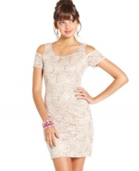 Cut-outs at the shoulder take this fitted lace B Darlin dress from sweet to smoldering! Cut-outs at the shoulder take this fitted lace B Darlin dress from sweet to smoldering!