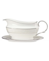 A sweet lace pattern combines with platinum borders to add graceful elegance to your tabletop. The classic shape and pristine white shade make this sauce boat a timeless addition to any meal. From Lenox's collection of dinnerware and dishes. A sweet lace pattern combines with platinum borders to add graceful elegance to your tabletop. The classic shape and pristine white shade make this sauce boat a timeless addition to any meal. From Lenox's collection of dinnerware and dishes.