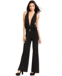 Take the plunge. Baby Phat's sultry, wide-leg jumpsuit features a deep v-neckline for bold, night-out style. Take the plunge. Baby Phat's sultry, wide-leg jumpsuit features a deep v-neckline for bold, night-out style.