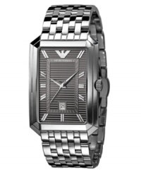 Emporio Armani displays an impressive use of texture with this stylish watch. Stainless steel bracelet and rectangular case. Gunmetal textured dial with silvertone stick indices, logo and date window. Quartz movement. Water resistant to 50 meters. Two-year limited warranty. Emporio Armani displays an impressive use of texture with this stylish watch. Stainless steel bracelet and rectangular case. Gunmetal textured dial with silvertone stick indices, logo and date window. Quartz movement. Water resistant to 50 meters. Two-year limited warranty.