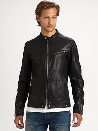 An edgy look complete with zipper details, a svelte tailored fit and modern vegetable burn effect. Banded collar with snap closureFront zip closure Long zipper cuff sleeves Seam details Angled chest zip pocket Side zipper pockets Banded hem with snap closure and logo accent Back tailored seamsBack buckle tab accent Back notch hemAbout 27 from shoulder to hem LeatherFully linedDry clean by leather specialist Imported An edgy look complete with zipper details, a svelte tailored fit and modern vegetable burn effect. Banded collar with snap closureFront zip closure Long zipper cuff sleeves Seam details Angled chest zip pocket Side zipper pockets Banded hem with snap closure and logo accent Back tailored seamsBack buckle tab accent Back notch hemAbout 27 from shoulder to hem LeatherFully linedDry clean by leather specialist Imported
