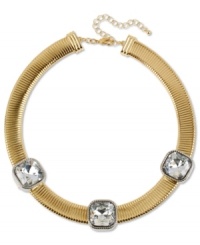 Style worth flaunting. Haskell's chic collar necklace features three faceted crystal stones placed upon a gorgeous golden chain. Crafted from gold tone mixed metal. Approximate length: 16 inches + 3-inch extender. Approximate drop: 3/4 inch. Style worth flaunting. Haskell's chic collar necklace features three faceted crystal stones placed upon a gorgeous golden chain. Crafted from gold tone mixed metal. Approximate length: 16 inches + 3-inch extender. Approximate drop: 3/4 inch.