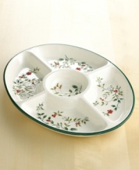 This sectioned server is a smart, spirited addition to the timeless Winterberry collection, and a must-have for any holiday spread. Raised, hand-painted holly leaves and bright red berries dance inside five individual compartments. Hand-painted green rim. From Pfaltzgraff's collection of dinnerware and dishes. This sectioned server is a smart, spirited addition to the timeless Winterberry collection, and a must-have for any holiday spread. Raised, hand-painted holly leaves and bright red berries dance inside five individual compartments. Hand-painted green rim. From Pfaltzgraff's collection of dinnerware and dishes.