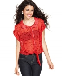 Belle Du Jour combines the season's cutest trends into one awesome top! From the sweet, peter pan collar to the sheer fabric, this polkadot-print blouse has style that pops! Belle Du Jour combines the season's cutest trends into one awesome top! From the sweet, peter pan collar to the sheer fabric, this polkadot-print blouse has style that pops!