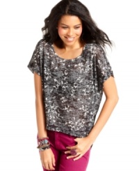 So adorable, this printed top from Belle Du Jour is a great way to wake-up your skinny jeans! Featuring a sheer inset at the back (and a cool high-low hem,) here's a top you'll turn to again and again for a little graphic flair. So adorable, this printed top from Belle Du Jour is a great way to wake-up your skinny jeans! Featuring a sheer inset at the back (and a cool high-low hem,) here's a top you'll turn to again and again for a little graphic flair.
