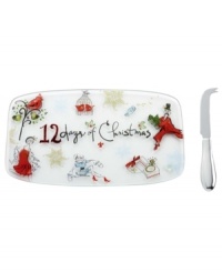 Let the countdown begin. This whimsical Lenox cheese tray features maids-a-milking, turtle doves, a partridge in a pear tree and more charming watercolor motifs that illustrate the classic holiday carol, the 12 Days of Christmas. Let the countdown begin. This whimsical Lenox cheese tray features maids-a-milking, turtle doves, a partridge in a pear tree and more charming watercolor motifs that illustrate the classic holiday carol, the 12 Days of Christmas.