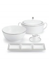 Like the grosgrain ribbons that dangle from her famous dresses, this white bone china collection of dinnerware and dishes from Vera Wang features two different platinum grosgrain borders. The wide corded border of textured grosgrain evokes soft elegance while the narrow wisp of platinum edging adds chic style. Soup Tureen shown back right.
