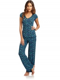 THE LOOKLeopard printLace-trimmed v-neckShort sleevesElastic waistWide leg silhouetteTHE FITTop: about 25 from shoulder to hemPants: rise, about 10; inseam, about 31THE MATERIAL95% rayon/5% spandexCARE & ORIGINMachine washImportedModel shown is 5'10 (177cm) wearing US size Small. THE LOOKLeopard printLace-trimmed v-neckShort sleevesElastic waistWide leg silhouetteTHE FITTop: about 25 from shoulder to hemPants: rise, about 10; inseam, about 31THE MATERIAL95% rayon/5% spandexCARE & ORIGINMachine washImportedModel shown is 5'10 (177cm) wearing US size Small.