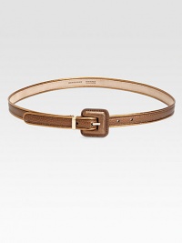 Featuring one of the hottest trends of the season, colorblocking, a skinny leather belt with contrast metallic piping.About 1 wideLeatherMade in Italy Featuring one of the hottest trends of the season, colorblocking, a skinny leather belt with contrast metallic piping.About 1 wideLeatherMade in Italy