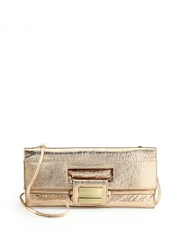THE LOOKRemovable crossbody strapFold-over open topMagnetic tab-and-loop closureFront golden logo buckleOne outside zip pocket under the flapTwo inside open pocketsOne inside zip pocketInside logo detailTHE MEASUREMENTCrossbody strap, 24 drop6½W X 5½H X 2½DTHE MATERIALSuedeFully linedORIGINImported