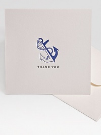 Express your thanks with the combination of sweetness and sophistication imparted by these elegant foldover notes with a bold anchor design, letterpressed by hand on creamy cotton stock that lends extra meaning to your words.Original Charles Fradin illustrationLetterpressed by hand100% cotton stock4.75 square (folded)Set of 8, with envelopesMade in USA Express your thanks with the combination of sweetness and sophistication imparted by these elegant foldover notes with a bold anchor design, letterpressed by hand on creamy cotton stock that lends extra meaning to your words.Original Charles Fradin illustrationLetterpressed by hand100% cotton stock4.75 square (folded)Set of 8, with envelopesMade in USA