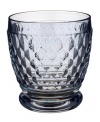 Make all your gatherings sparkle with Boston Colored glassware. A textured, diamond-shaped pattern on lead crystal radiates vintage sophistication.