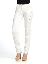 THE LOOKNarrow waistband with belt loops and logo button closureFront zipperFive-pocket styleStraight-leg silhouetteAsymmetrical seaming with golden hook-and-eye detailsTHE FITRise, about 7½Inseam, about 35THE MATERIAL98% cotton/2% elastaneCARE & ORIGINDry cleanMade in Italy THE LOOKNarrow waistband with belt loops and logo button closureFront zipperFive-pocket styleStraight-leg silhouetteAsymmetrical seaming with golden hook-and-eye detailsTHE FITRise, about 7½Inseam, about 35THE MATERIAL98% cotton/2% elastaneCARE & ORIGINDry cleanMade in Italy