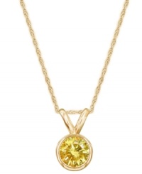 Add a touch of sunshine-bright color. A round-cut, bezel-set yellow diamond (1/4 ct. t.w.) shines in a luminous 14k gold setting. Approximate length: 18 inches. Approximate drop: 1/3 inch. Add a touch of sunshine-bright color. A round-cut, bezel-set yellow diamond (1/4 ct. t.w.) shines in a luminous 14k gold setting. Approximate length: 18 inches. Approximate drop: 1/3 inch.