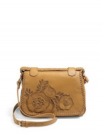 THE LOOKFlat top handleRemovable, adjustable crossbody strapCutout floral front with braided and etched details Braided leather edgesMagnetic snap flap closureOne outside snap top pocketOne inside zip pocketOne inside open pocketInside logo detailTHE MEASUREMENTCrossbody strap, 15-24 drop9½W X 8H X 3DTHE MATERIALLeatherLogo printed liningORIGINImported THE LOOKFlat top handleRemovable, adjustable crossbody strapCutout floral front with braided and etched details Braided leather edgesMagnetic snap flap closureOne outside snap top pocketOne inside zip pocketOne inside open pocketInside logo detailTHE MEASUREMENTCrossbody strap, 15-24 drop9½W X 8H X 3DTHE MATERIALLeatherLogo printed liningORIGINImported