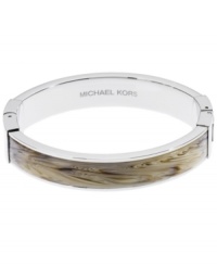 You're a natural. A neutral-colored acetate horn inlay defines this sophisticated bangle by Michael Kors. Crafted in silver tone mixed metal with a slip-on hinge clasp. Approximate diameter: 2-1/4 inches. Approximate bangle width: 3/8 inch. You're a natural. A neutral-colored acetate horn inlay defines this sophisticated bangle by Michael Kors. Crafted in silver tone mixed metal with a slip-on hinge clasp. Approximate diameter: 2-1/4 inches. Approximate bangle width: 3/8 inch.