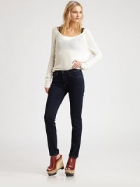 Classic dark rinse denim in a sleek, skinny fit and flattering mid rise.THE FITSkinny fitRise, about 8¼Inseam, about 30THE DETAILSZip flyFive-pocket styleSignature stitch back pocket69% rayon/29% cotton/2% polyurethaneMachine washMade in USA of imported fabricModel shown is 5'9½ (176cm) wearing US size 4. Classic dark rinse denim in a sleek, skinny fit and flattering mid rise.THE FITSkinny fitRise, about 8¼Inseam, about 30THE DETAILSZip flyFive-pocket styleSignature stitch back pocket69% rayon/29% cotton/2% polyurethaneMachine washMade in USA of imported fabricModel shown is 5'9½ (176cm) wearing US size 4.
