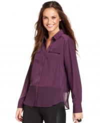A sheer chiffon panel ups the edge of this Kensie blouse for a chic pulled-together look! A sheer chiffon panel ups the edge of this Kensie blouse for a chic pulled-together look!